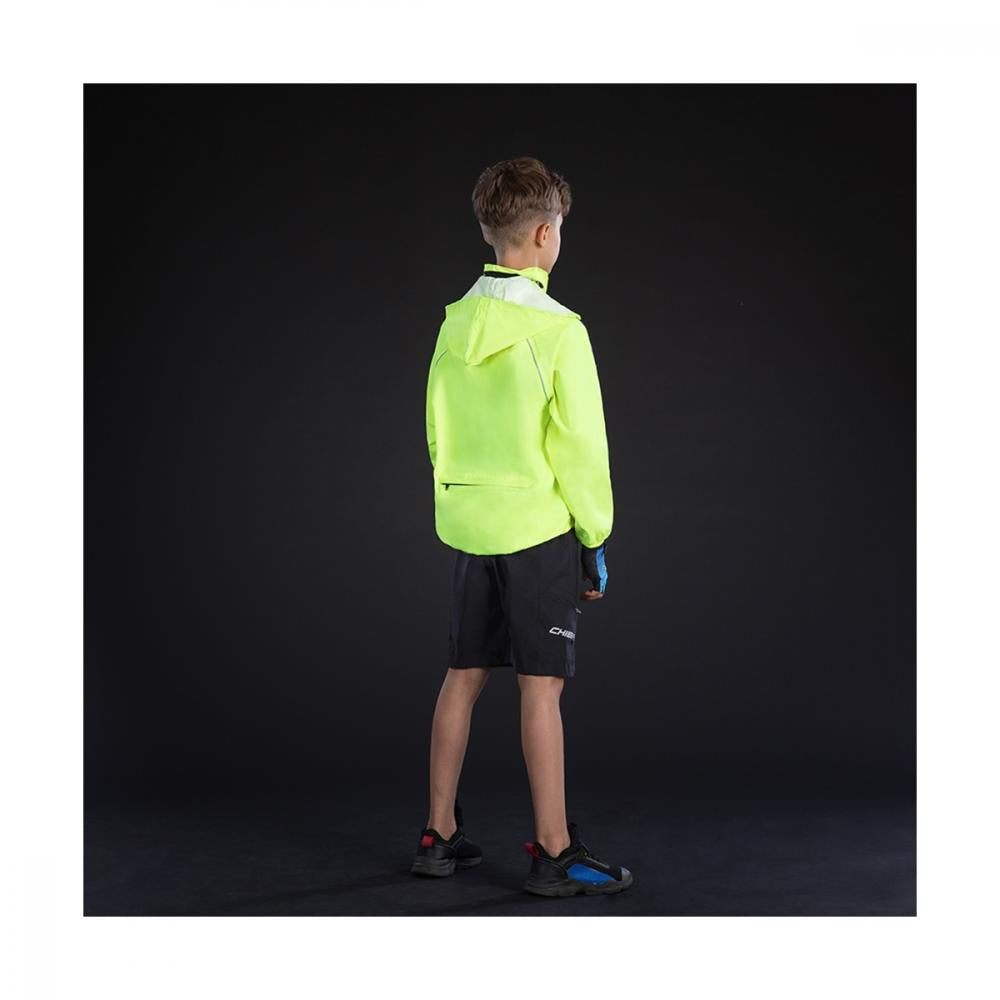 Chiba Regenjacke Rain Kids neongelb Größe M - wasserdichte und winddichte Kinder-Fahrradjacke, atmungsaktiv, mit reflektierenden Elementen für bessere Sichtbarkeit, leicht und kompakt verstaubar