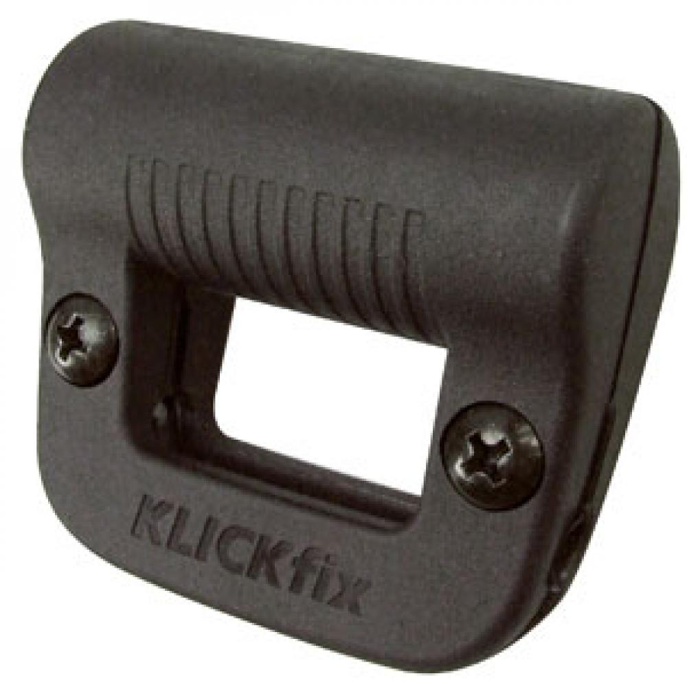 Schwarzer KLICKfix Light Clip aus Kunststoff für Fahrradlichter am Korb, verhindert Verdeckung des Frontlichts.