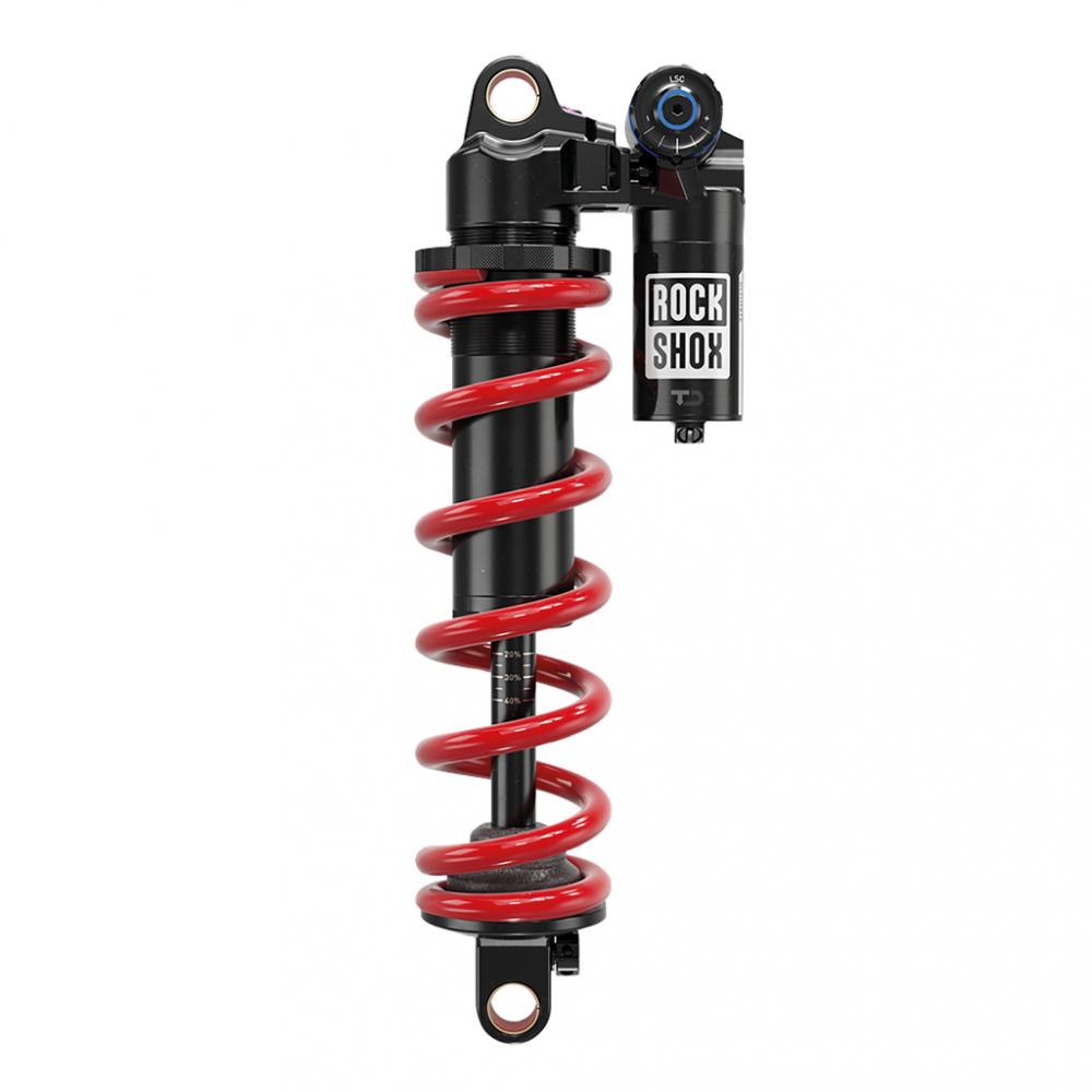 Schwarzer RockShox Vivid Coil Ultimate DH Dämpfer mit roter Feder und Einstellmöglichkeiten für Mountainbikes.