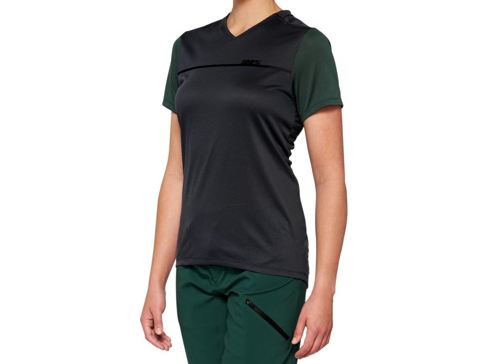 100% Ridecamp Womens Short Sleeve Jersey S Charcoal/Forest Green - atmungsaktives MTB-Trikot