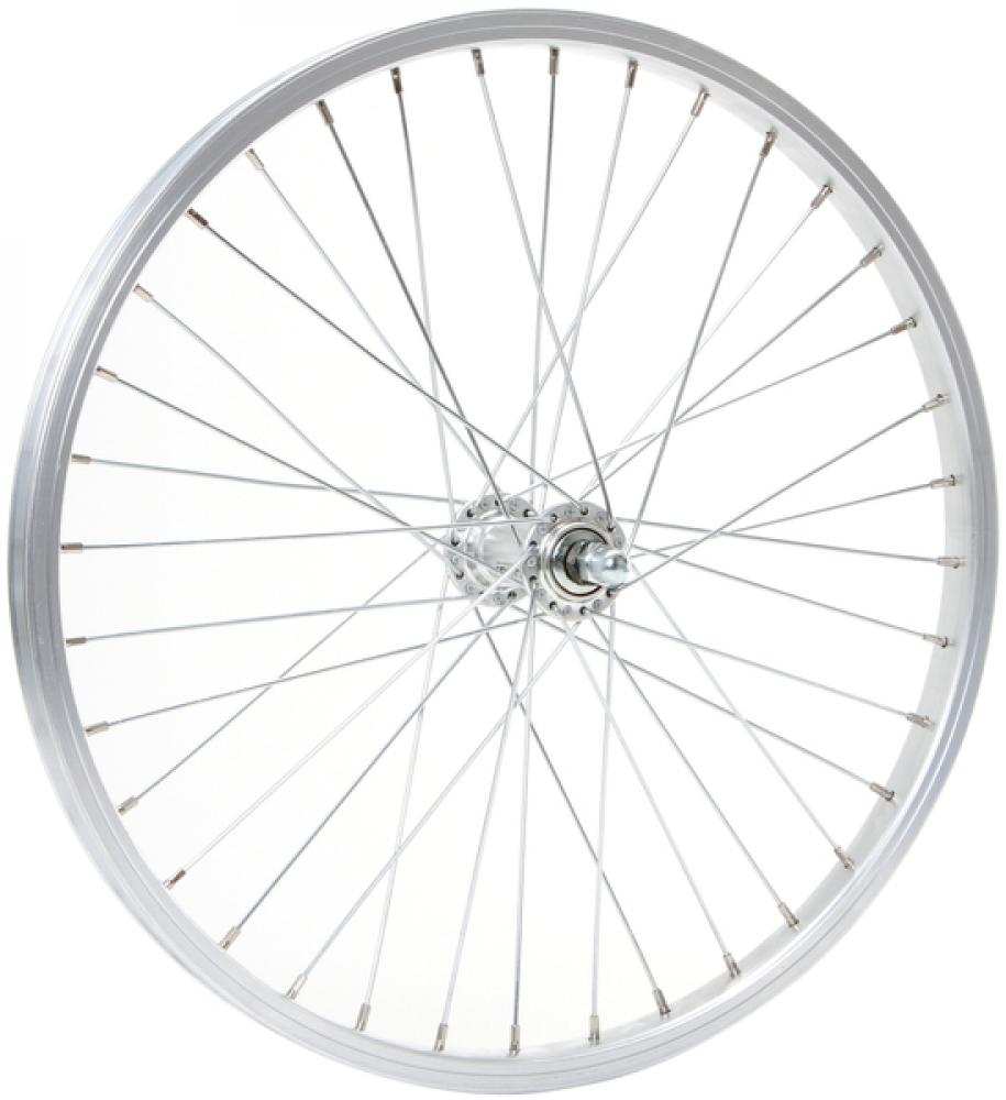 CONTEC Vorderrad "Alu Sport + Quando KT-A16F"nFelge: SCHÜRMANN Alu-Kasten "Alu Sport", 20", 19-406, Höhe: 14 mm, 36 Loch, AV/DV Ventil, mit silberner Bremsflanke, keine Ösen, silber (0.349.204/8)nNabe: QUANDO Vorderradnabe "KT-A16F", 36 Loch, Vollachse, 1