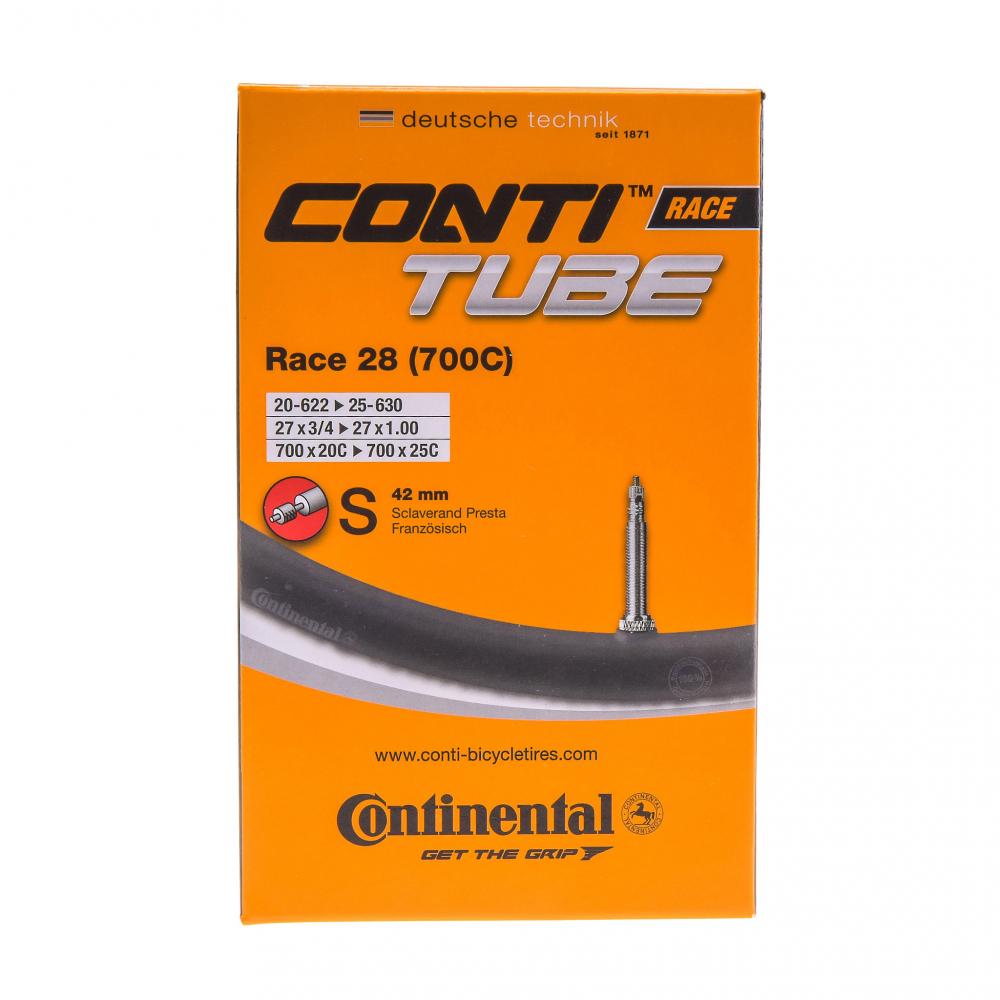 Continental Conti Race Fahrradschlauch 700x20/25C mit 42mm Sclaverand/Presta Ventil in orangefarbener Verpackung.