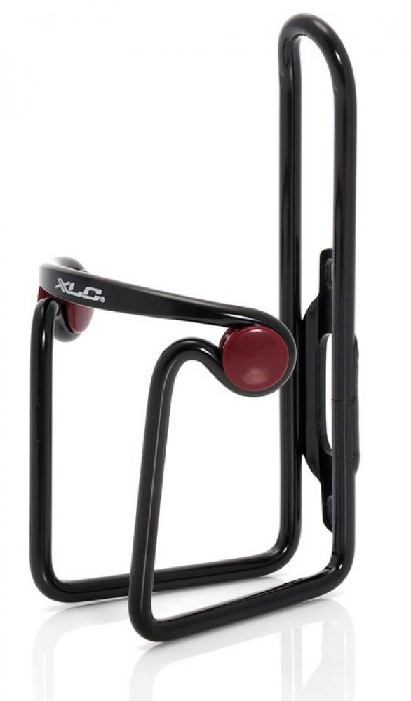 XLC Trinkflaschenhalter BC-A02 schwarz/matt aus Alu mit runden roten Polstern für Fahrräder.