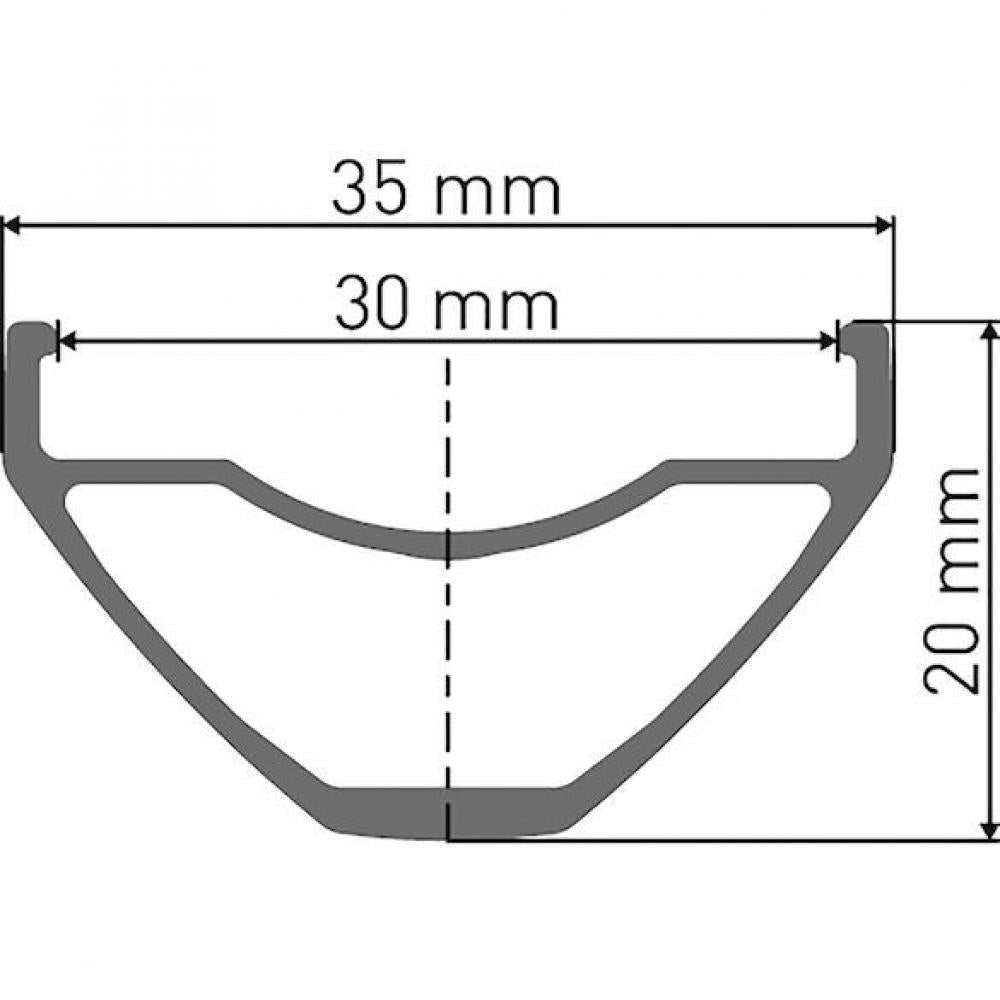 DT Swiss M 502 Felgenquerschnitt, 35mm breit, 30mm Maulweite, 20mm hoch, robuste Trail- & Enduro-Felge.