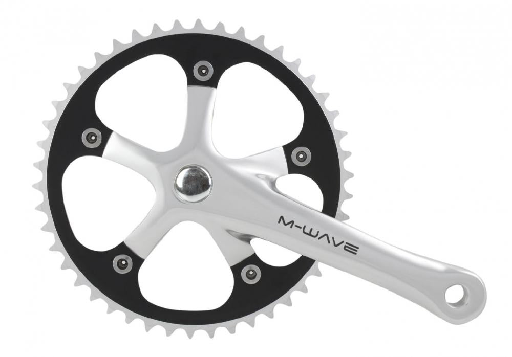 M-WAVE Single Speed Fahrradkurbelgarnitur 165mm, poliertes Alu, schwarzes 46Z Kettenblatt.