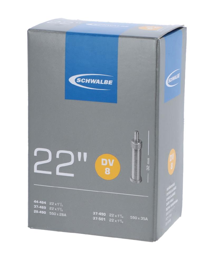 Schwalbe Fahrradschlauch DV8 22 Zoll 28/37-489/501 mit 32mm Dunlop-Ventil auf Produktverpackung.