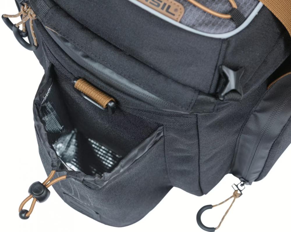 Basil Gepäckträgertasche Miles XL Pro MIK 2.0 schwarz/grau, offene Seitentasche mit Isolierung und Zugband.