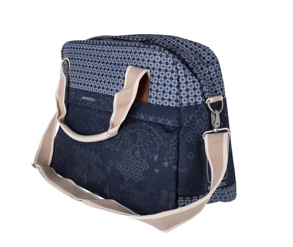 Basil Boheme Fahrrad Schultertasche, 18L, blau, wasserabweisend, böhmischer Print, Hook-On System, Reißverschluss, Reflektordetails, für E-Bikes geeignet