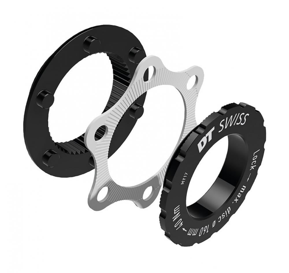 DT Swiss Centerlock auf 6-Loch Adapter, schwarz/silber, zur sicheren Umrüstung von Fahrrad-Scheibenbremsen.