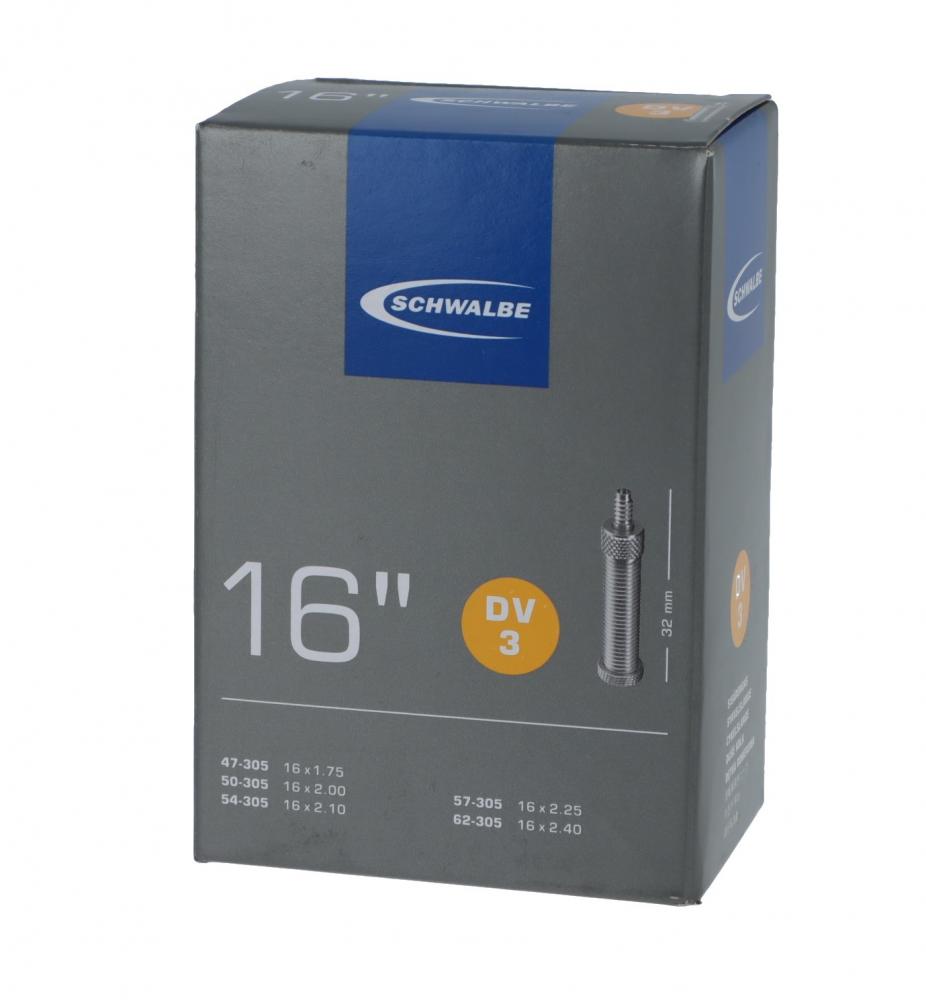 Schwalbe Fahrradschlauch DV3 16 Zoll (47/62-305) mit Dunlop-Ventil in der Originalverpackung.