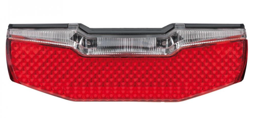 Axa Blueline Dynamo-Rücklicht für Gepäckträger StVZO, rot mit klarem Oberteil und großem Reflektor.