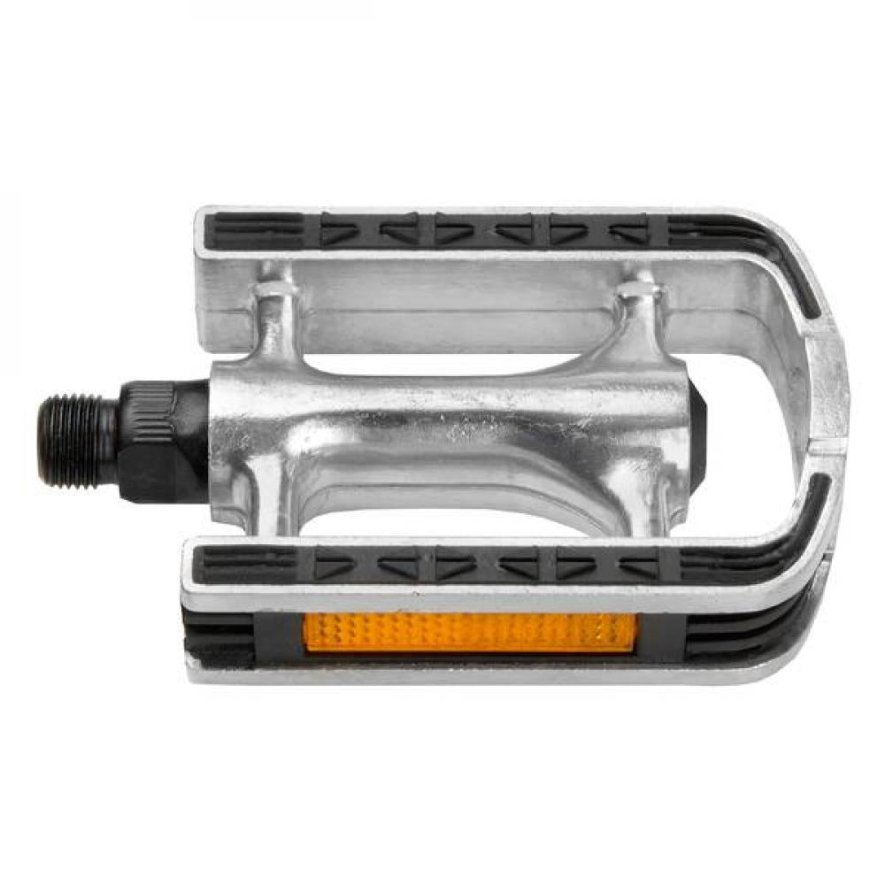 M-WAVE Steady-A8 Antirutschpedale 1 Paar silber-schwarz - Aluminiumkörper & Käfig, CrMo-Achse 9/16\", Kugellager gedichtet, Trittfläche 95x70 mm, Antirutschauflage, Reflektoren, StVZO zugelassen