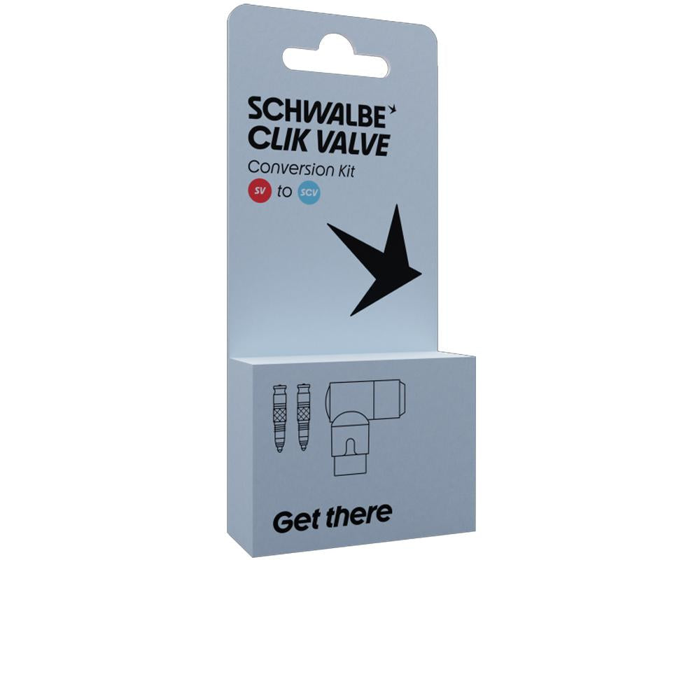 Schwalbe CLIK VALVE SV-SCV Conversion Kit Verpackung zur Umrüstung von Sclaverand- auf SCV-Ventile.