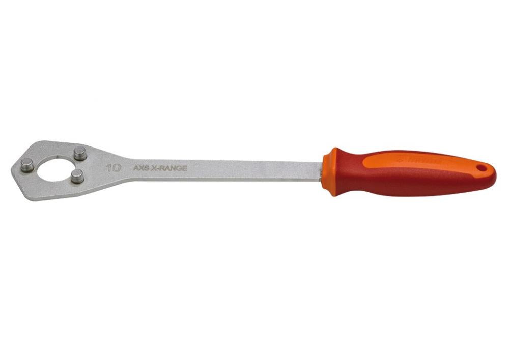 Unior Kassettenschlüssel für Sram X-Range, silber mit rot-orangefarbenem Griff.