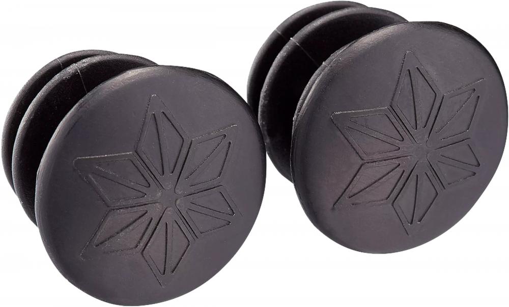 Zwei schwarze Specialized Lenkerendstopfen mit Stern-Design für komfortables Fahrrad-Lenkerband.