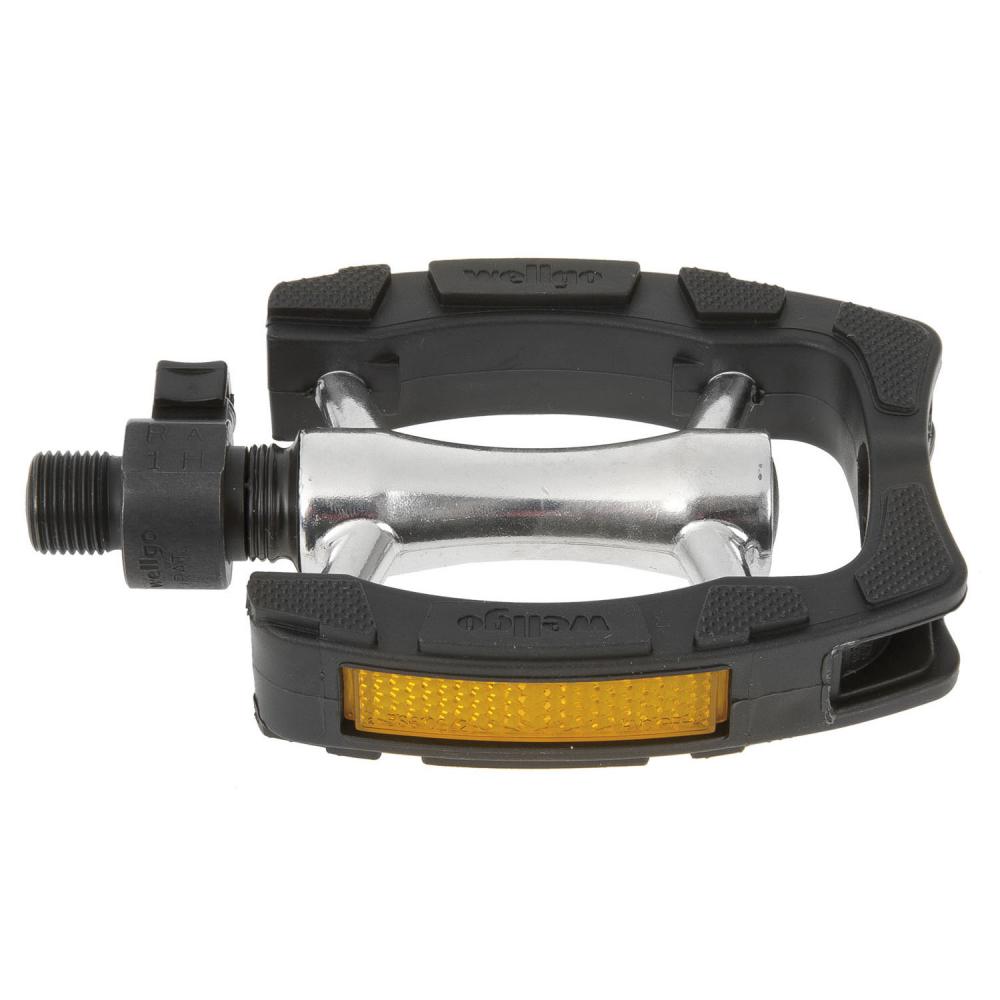 Wellgo Clip-On Anti-Rutschpedal 80 × 93 mm, Aluminium-Körper mit CrMo-Achse, schwarzer Kunststoff-Käfig, StVZO-Reflektoren, sekundenschnell abnehmbar QR-System, 1 Paar