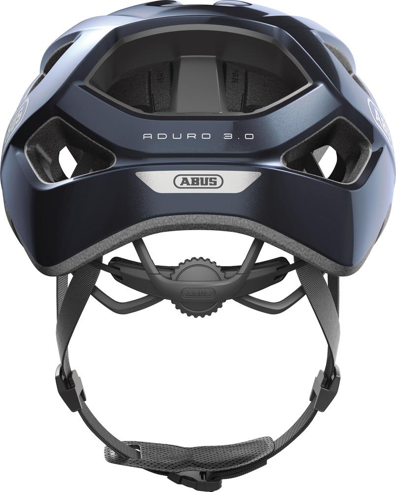 Abus Fahrradhelm Aduro 3.0 L 58-62cm in Midnight Blue, Rückansicht mit Verstellsystem und Riemen.