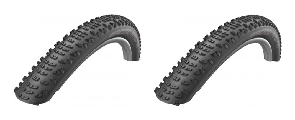 Zwei schwarze Schwalbe Racing Ralph Fahrradreifen 26x2.25 mit ausgeprägtem Profil.