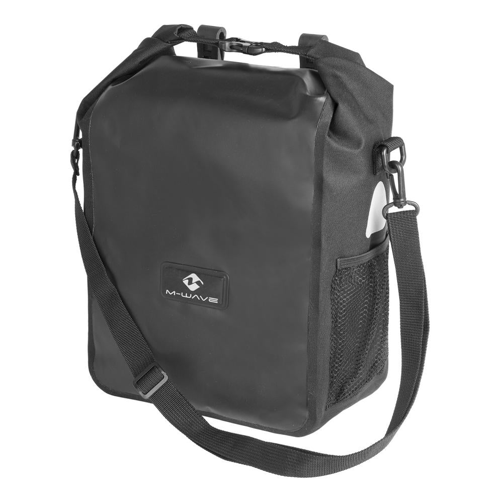 M-Wave EDMONTON 16L schwarze wasserdichte Fahrrad-Seitentasche mit Rollverschluss und Schultergurt.