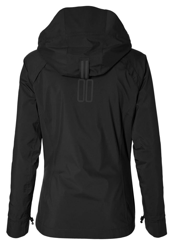 Rückenansicht schwarze Basil Skane Damen Regenjacke M, wasserdicht, atmungsaktiv, tailliert, mit Kapuze und Reflektoren.