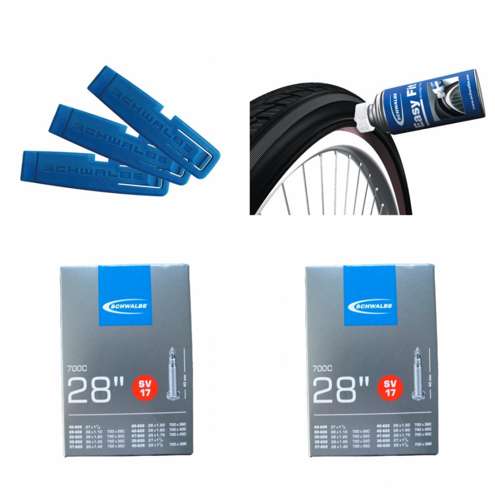 Schwalbe Reifenheber, Easy Fit Montage Fluid & 2x 28 Zoll SV17 Fahrradschläuche.