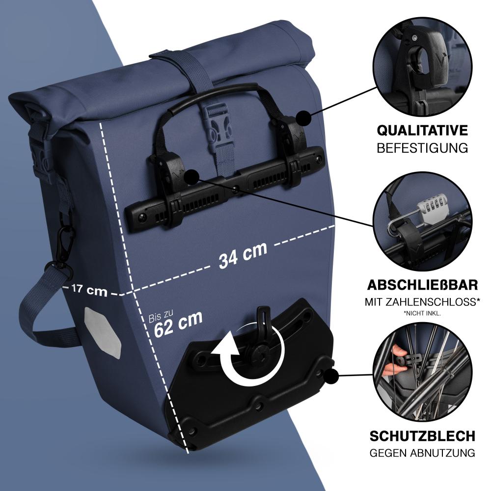 Valkental ValkOcean Gepäckträgertasche Meeresblau mit Maßen (34x17x62cm), Befestigung, Schloss und Schutzblech.