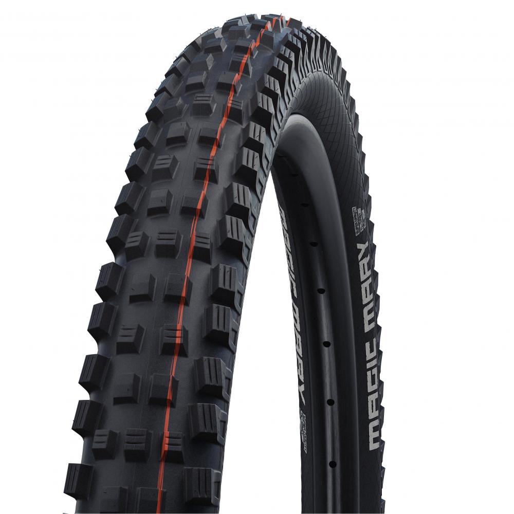 Schwalbe Magic Mary 29x2.40 (62-622) TLE E-50 MTB Downhill Faltreifen mit aggressivem Profil und orangefarbenen Linien.
