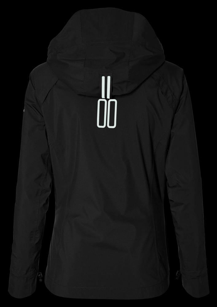 Basil Skane Damen Regenjacke schwarz, tailliert, wasserdicht, atmungsaktiv, mit reflektierendem Logo auf dem Rücken.