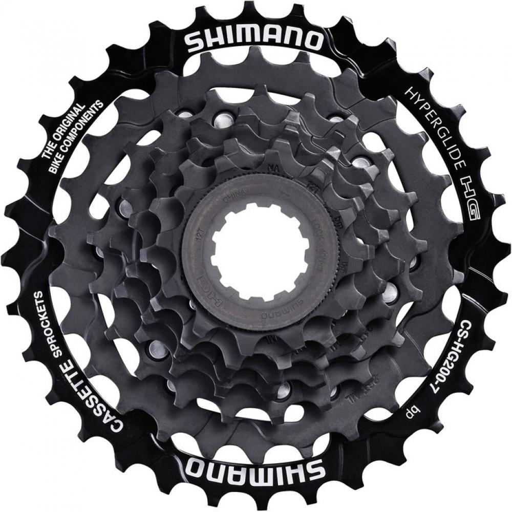 Schwarze Shimano CS-HG200 7-fach Hyperglide HG Fahrradkassette mit 12-32 Zähnen.