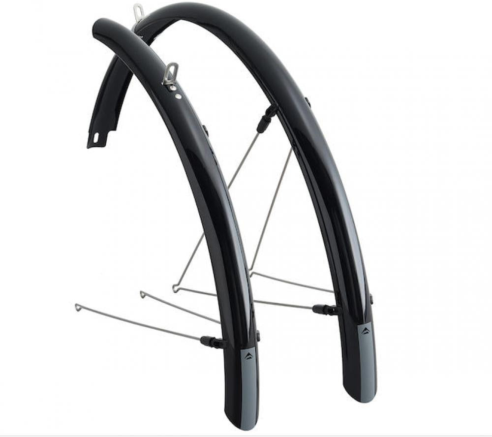 Merida Schutzblech-Set Universal 28" 50mm schwarz mit Pop-Off Sicherheitssystem auf weißem Hintergrund.
