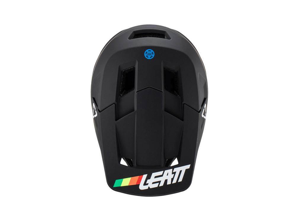 Leatt MTB Gravity 1.0 Fahrradhelm schwarz XS, Rückansicht mit Leatt Logo, bunten Streifen und MIPS Logo.