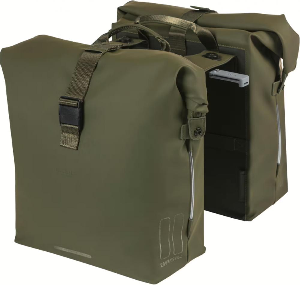 Basil Soho Nordlicht MIK 2.0 Doppeltasche in Olivgrün, wasserdicht mit Rolltop und LED-Nordlicht.