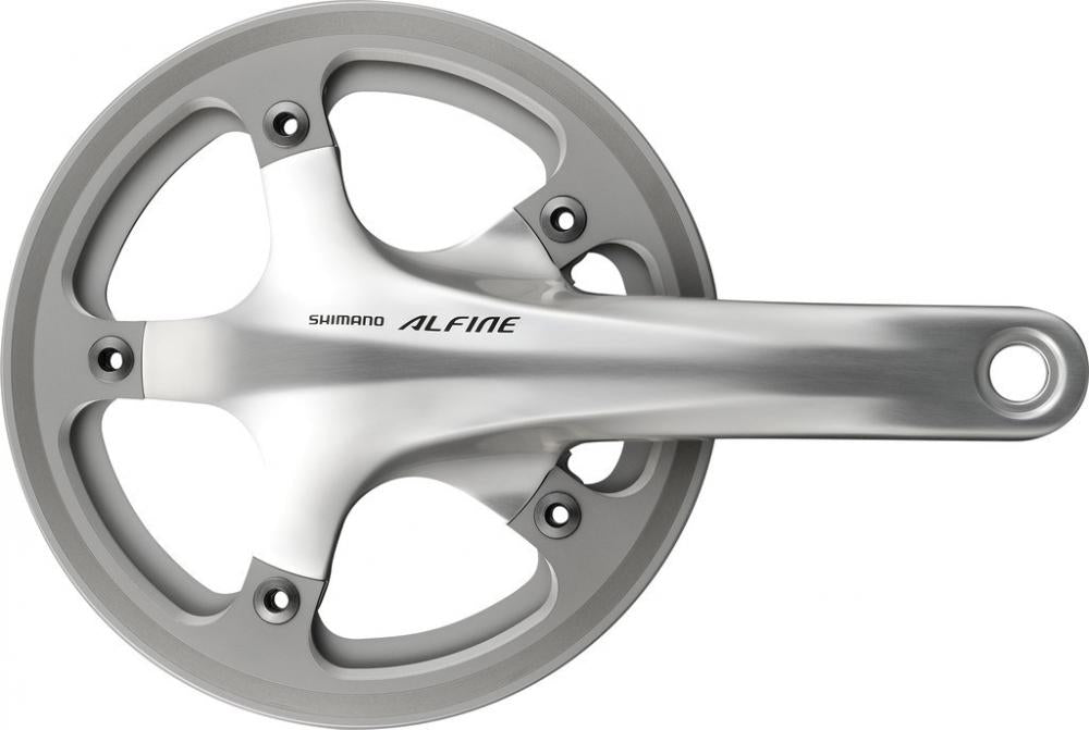 Silberne SHIMANO ALFINE FC-S501 Fahrrad Kurbelgarnitur mit 39 Zähnen.
