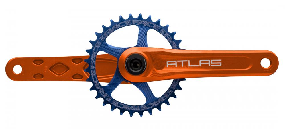 Orange Race Face Atlas MTB Kurbel mit blauem Kettenblatt, 170mm, 83mm, 30mm, für robuste Downhill-Power.