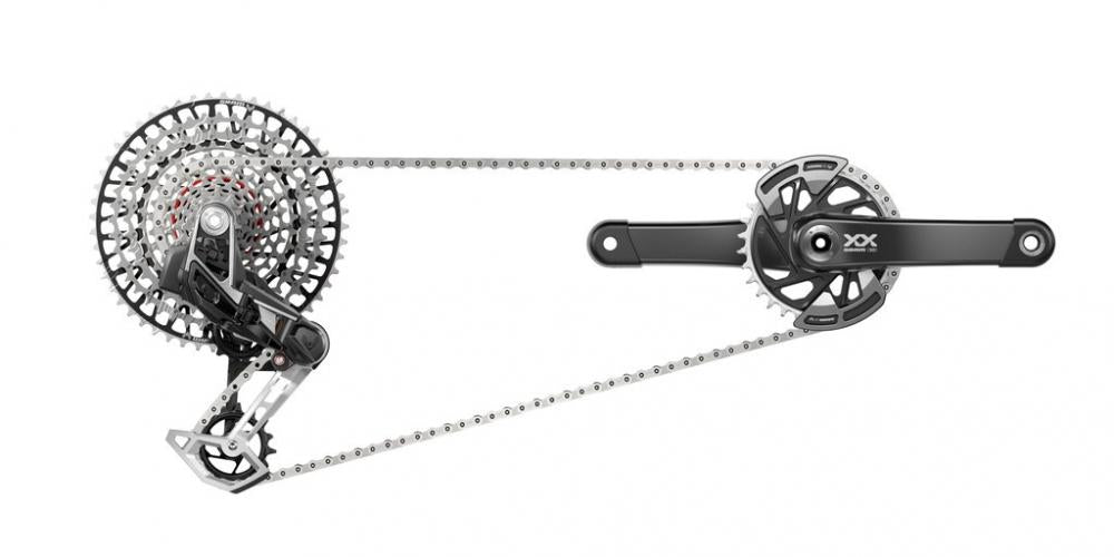 Highend SRAM XX AXS Eagle Transmission 1x12 Fahrradantrieb: Kurbelgarnitur, Kassette, Schaltwerk und Kette.