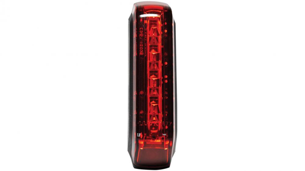 Trelock LED-Dynamo-Rücklicht LS 415 COB Line Signal schwarz, mit leuchtend roten LEDs.