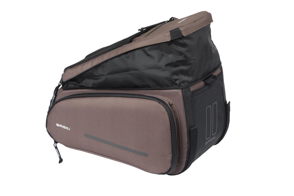 Basil Move Gepäckträgertasche 10-26 Liter Braun - recyceltes Polyester, MIK-Befestigung, erweiterbar, reflektierend