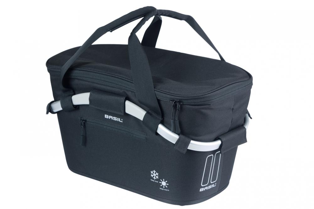 Schwarzer isolierter Basil Classic Carry All ISO MIK Hinterradkorb mit 18 Litern Volumen.