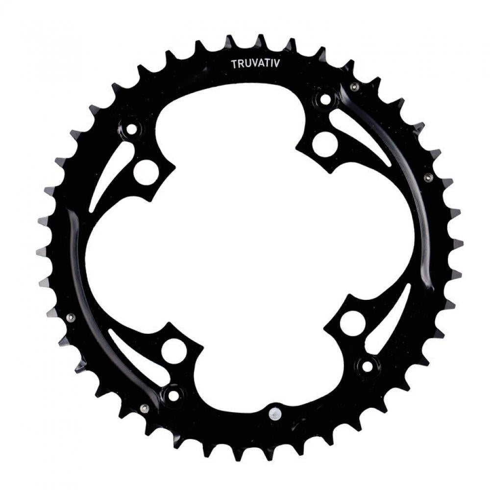 Schwarzes Truvativ Kettenblatt aus Stahl mit 42 Zähnen für 4-Arm-Kurbeln, robustes Fahrrad-Ersatzteil in der Frontansicht.