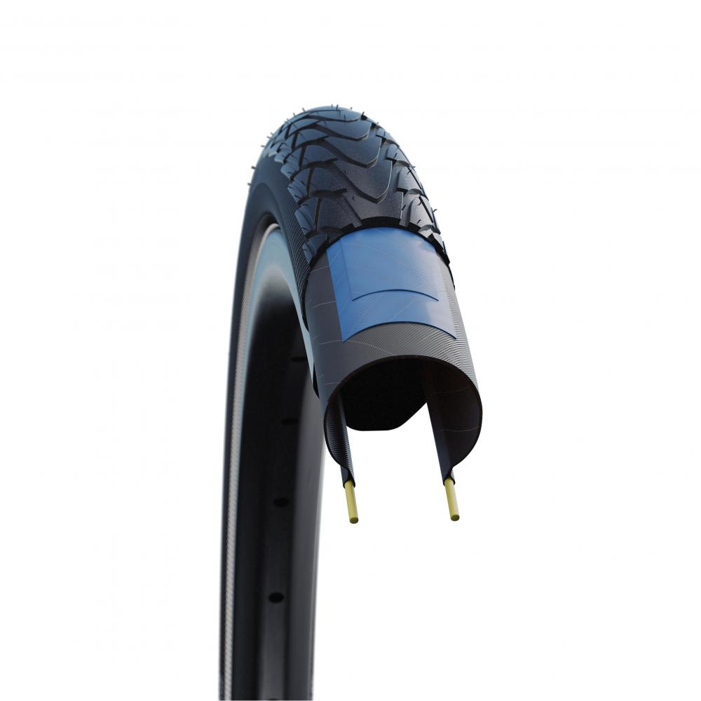 Schwalbe Marathon Racer 28 Zoll Tourenreifen im Querschnitt, zeigt Pannenschutz und Profil.
