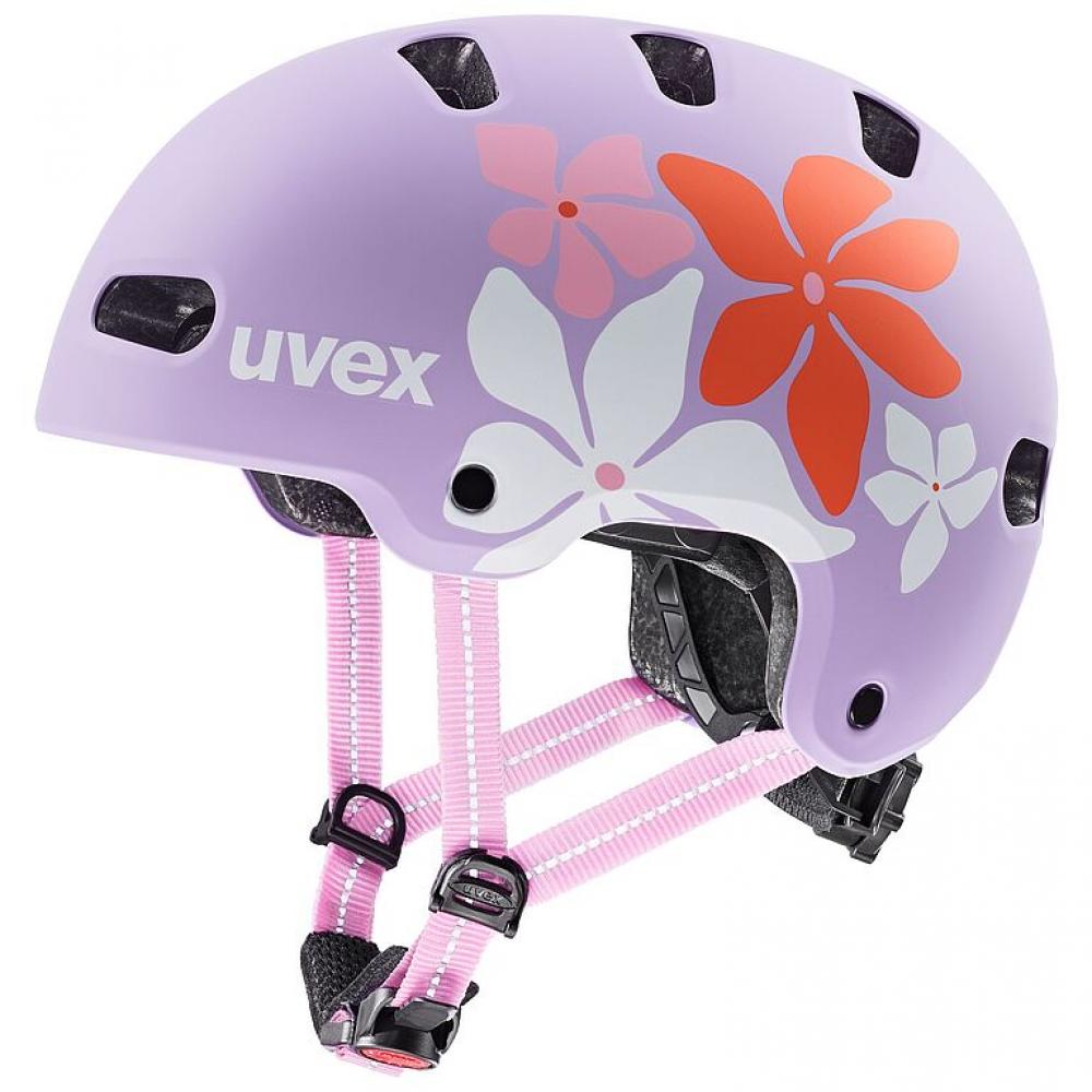 uvex kid 4 style Kinderhelm lila matt mit Blumenmuster, ABS-Hartschale, 10 Belüftungen, Größe 55-58 cm.