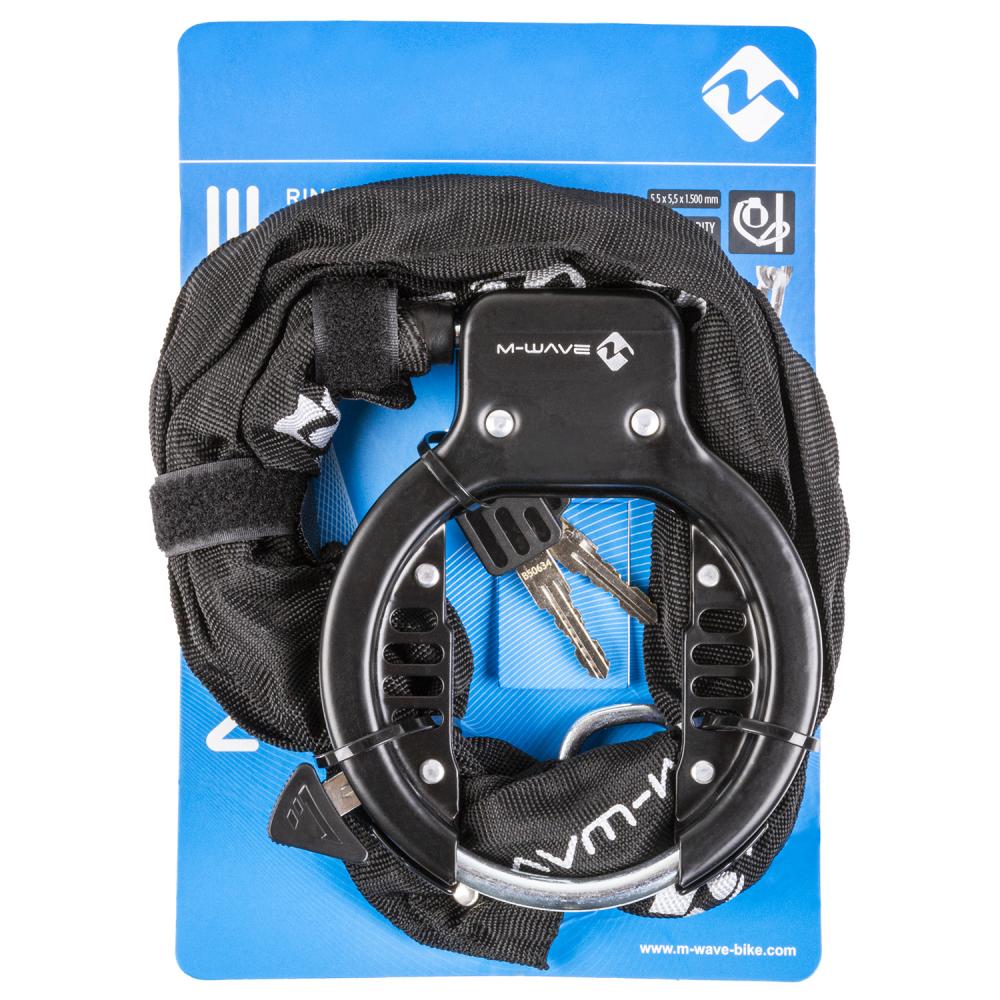 M-WAVE Ringchain Rahmenschloss mit 1500 mm Kette und zwei Schlüsseln auf blauer Originalverpackung.
