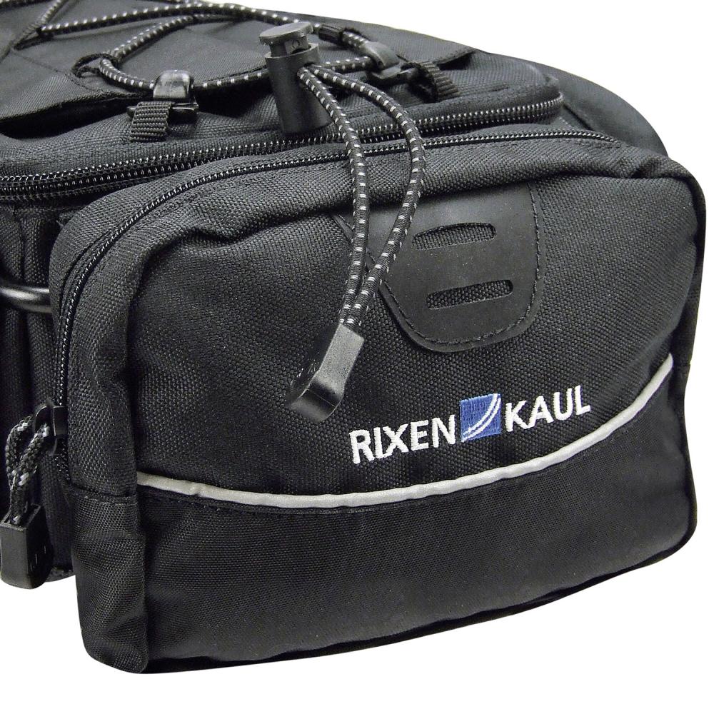 KLICKfix Satteltasche Contour Max Sport schwarz 11l: Detailaufnahme mit Rixen & Kaul Logo und Kordelzug.