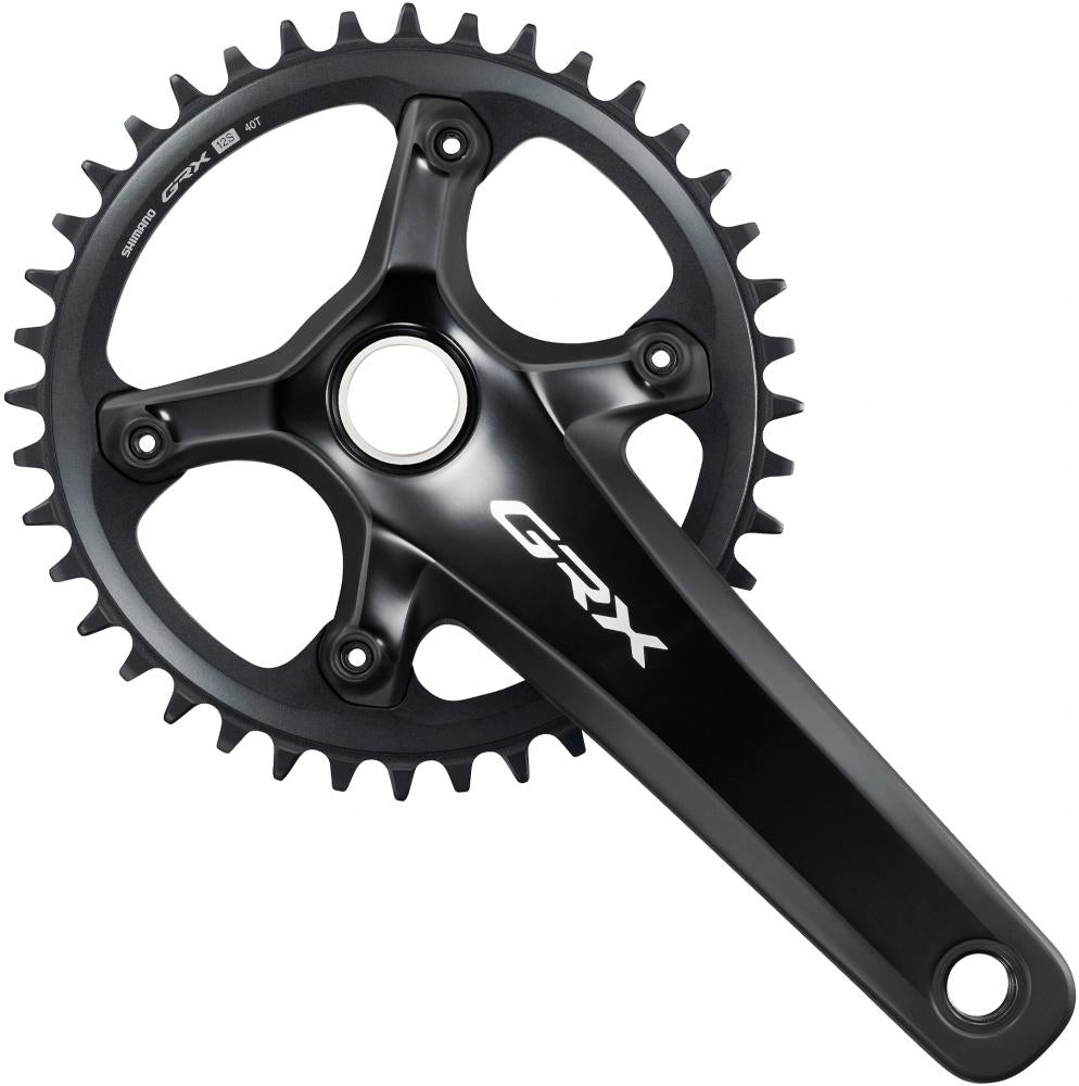 SHIMANO Kurbelgarnitur GRX FC-RX820-1, 175 mm, 40 Zähne, schwarz auf weißem Hintergrund.