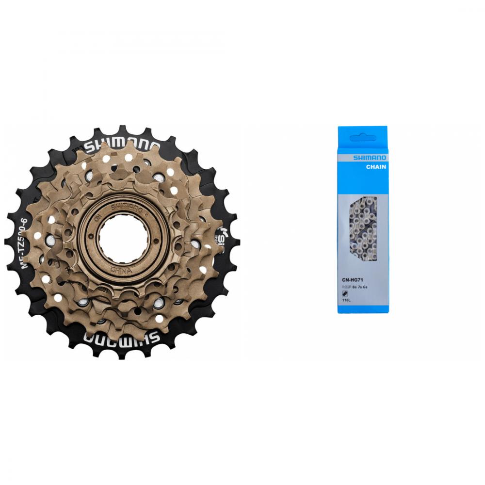 Shimano Fahrradset: MFTZ500 6-fach Schraubzahnkranz und CN-HG71 6/7/8-fach Kette.