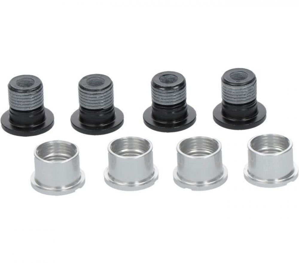 Shimano FC-M6000 Kettenblattschrauben Set mit 4 schwarzen Schrauben und 4 silbernen Hülsenmuttern für das Kettenblatt.