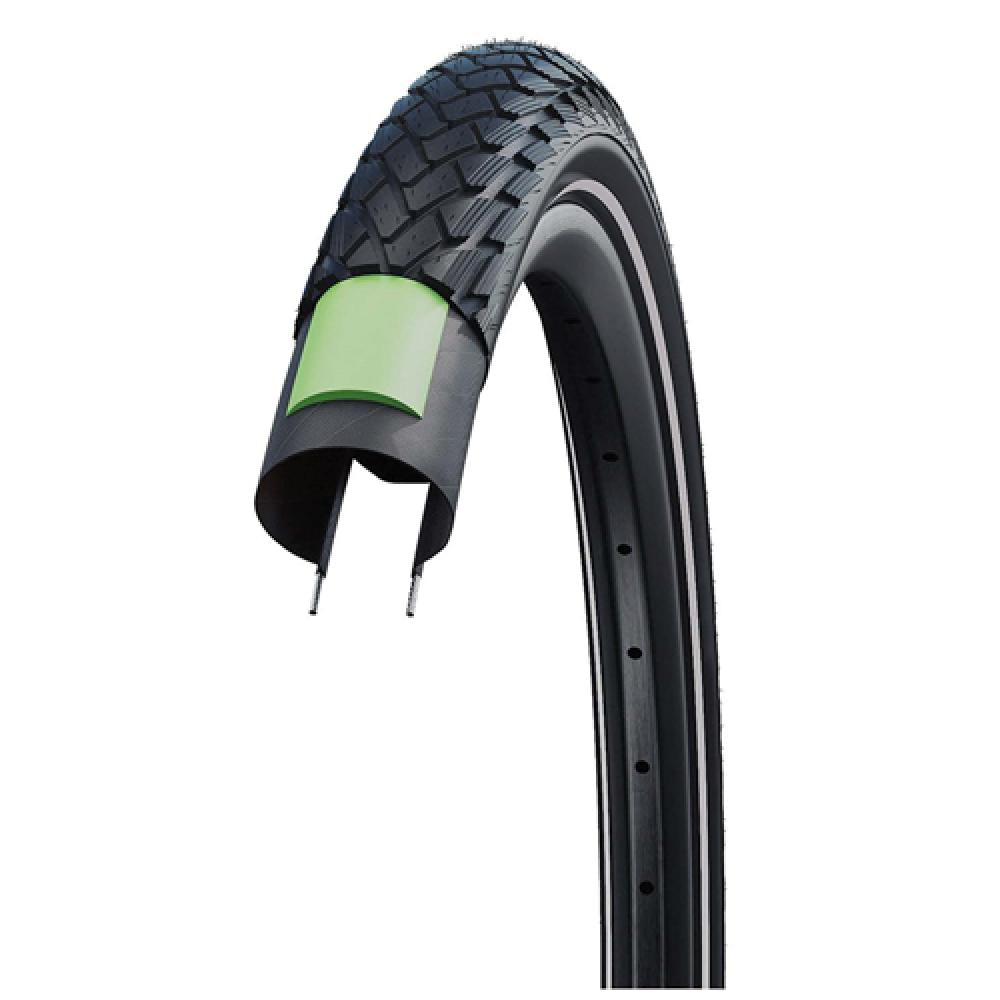Schwalbe Marathon Performance Line GreenGuard Reifen 16x1,4 schwarz, Querschnitt mit grünem Pannenschutz.