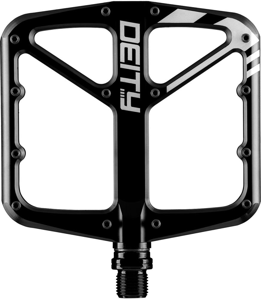 Deity Supervillain Flat-Pedale, schwarz, 6061-T6 Aluminium, 113x105 mm Plattform, 2,5 mm konkav, 14 Pins/Seite, symmetrisches Design, für DH/Enduro/Trail