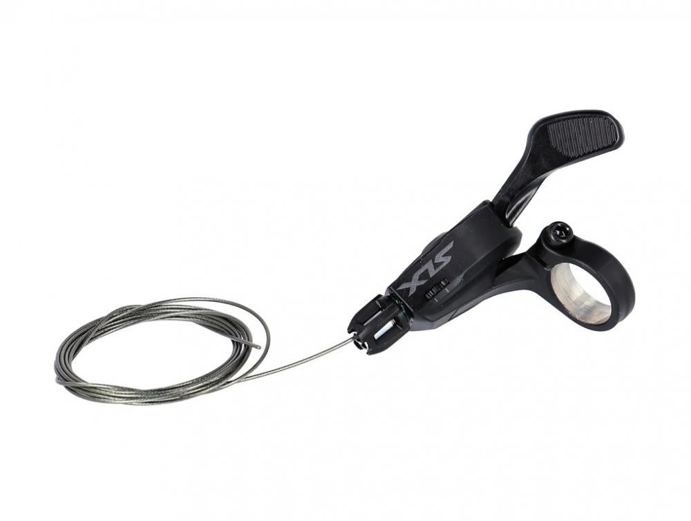 SHIMANO SLX SL-M7100 2-fach Schalthebel mit Schaltzug, schwarz, auf weißem Hintergrund.