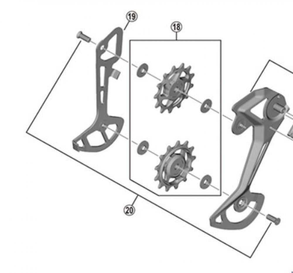 SHIMANO RD-M8100 SGS Kettenleitblech Explosionsansicht mit Schaltröllchen und Befestigungsteilen.